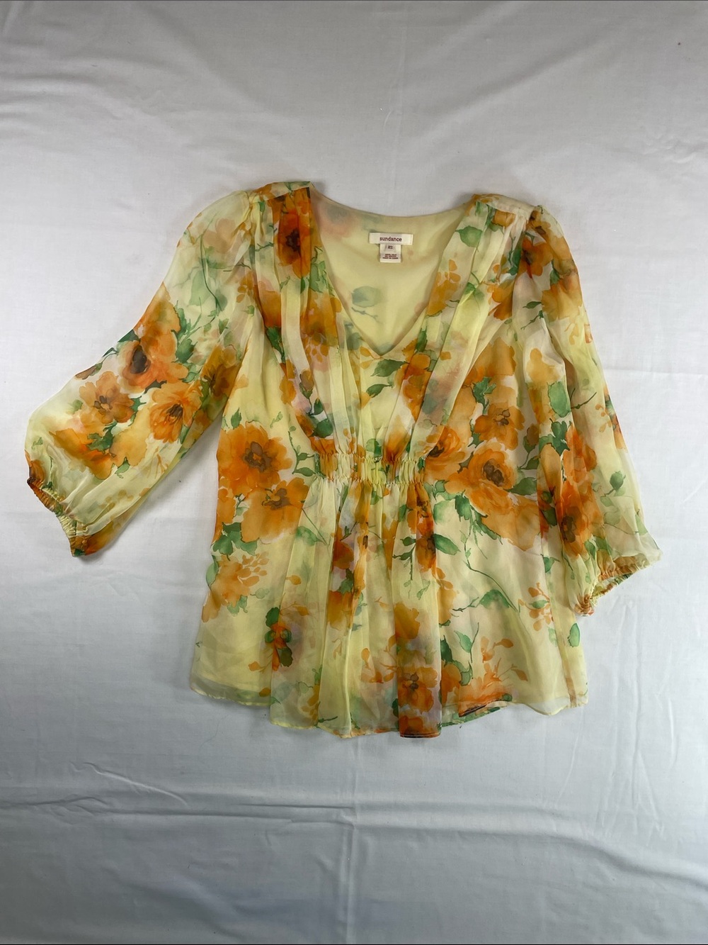 Sundance Silk Yellow Sheer Floral V-Neck Blouse with Orange Blooms